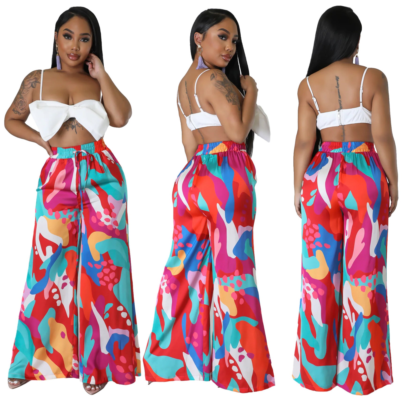 Women's Fashion Casual Graphic Print Wide Leg Pants With Pockets 16