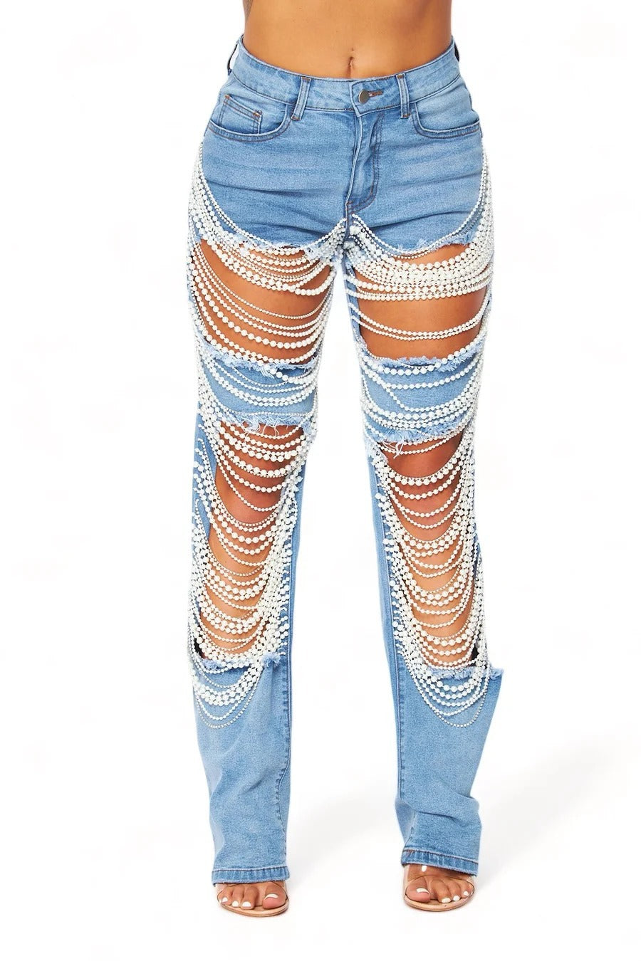 Women Chain Ripped Denim Pants 5