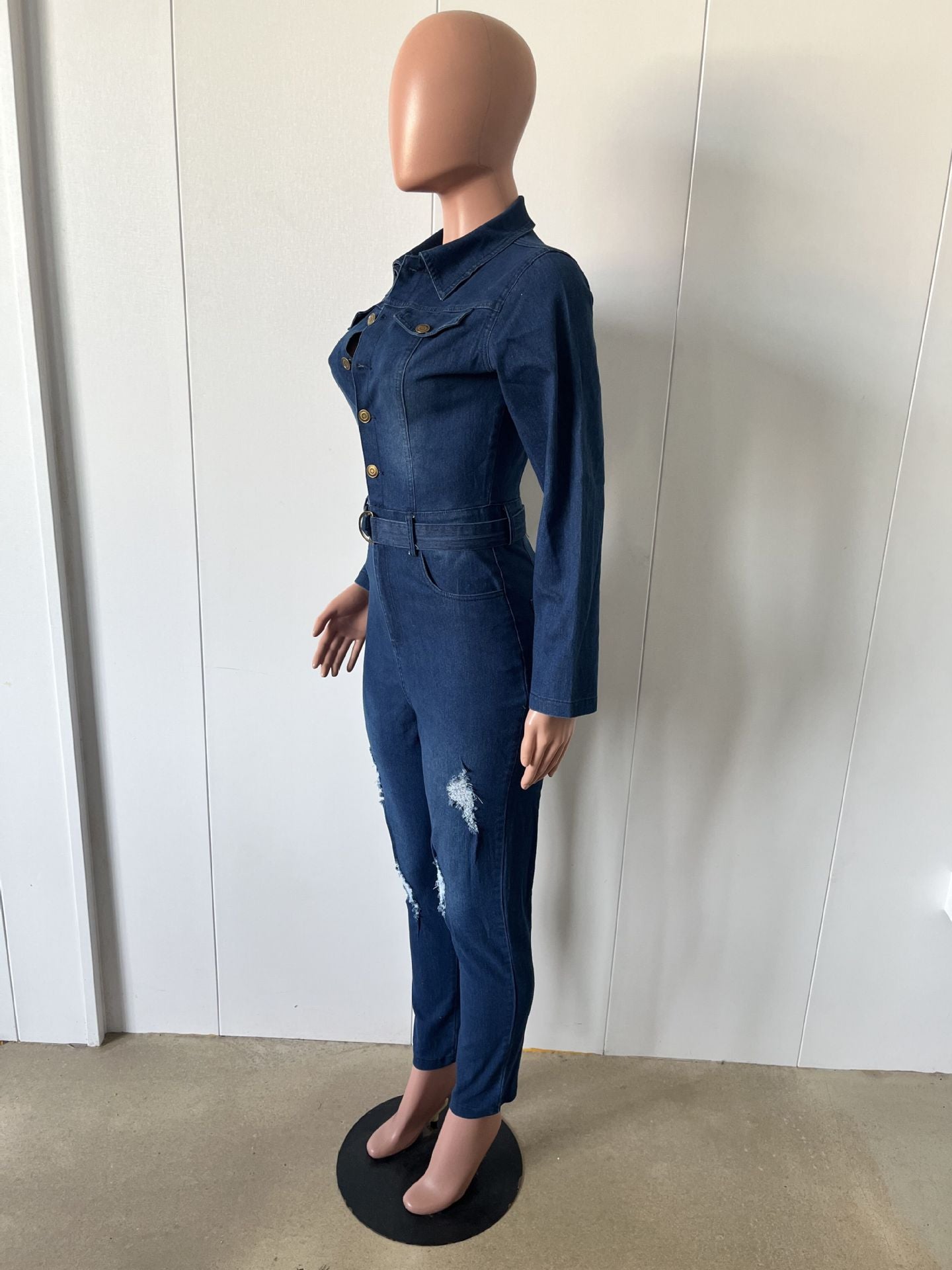 Women Stretch Ripped Washed Long Sleeve Denim Jumpsuit 8