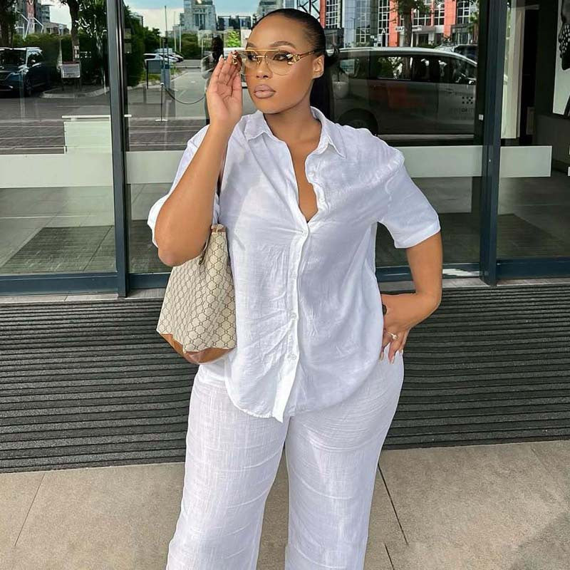 Women's short sleeve Turndown Collar shirt wide-leg trousers African two-piece set for women 6