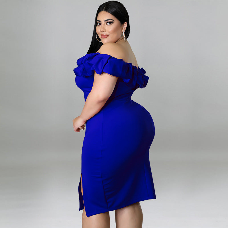 Fashion Plus Size Women's Summer Sexy Off Shoulder Ruffled Slit Bodycon Dress 4