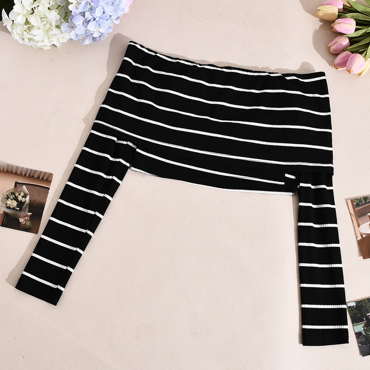 Women Fall/Winter Striped Off-Shoulder Crop Top and Skirt Two-Piece Set 7