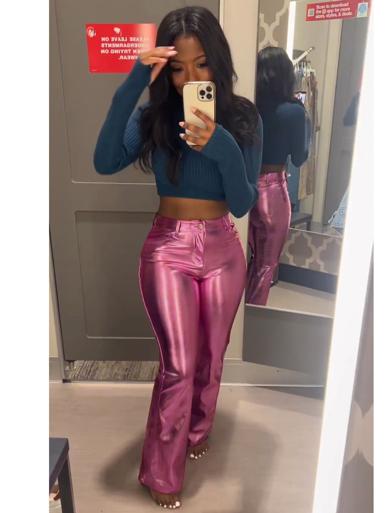 Women's Spring And Winter Metallic Bell Bottom Casual Long Leather Pants 7
