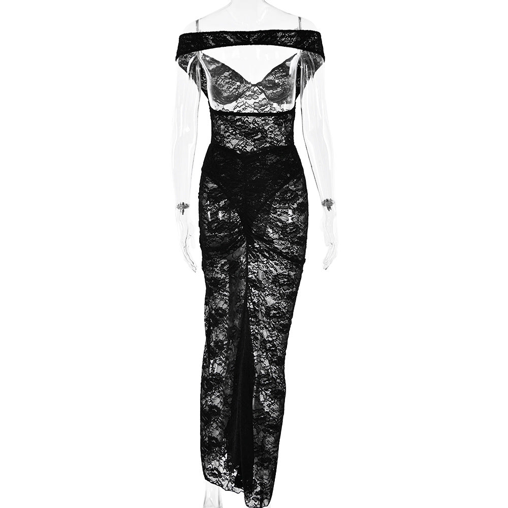 Women Strapless Backless Lace Bodysuit and Skirt Two-Piece Set 9