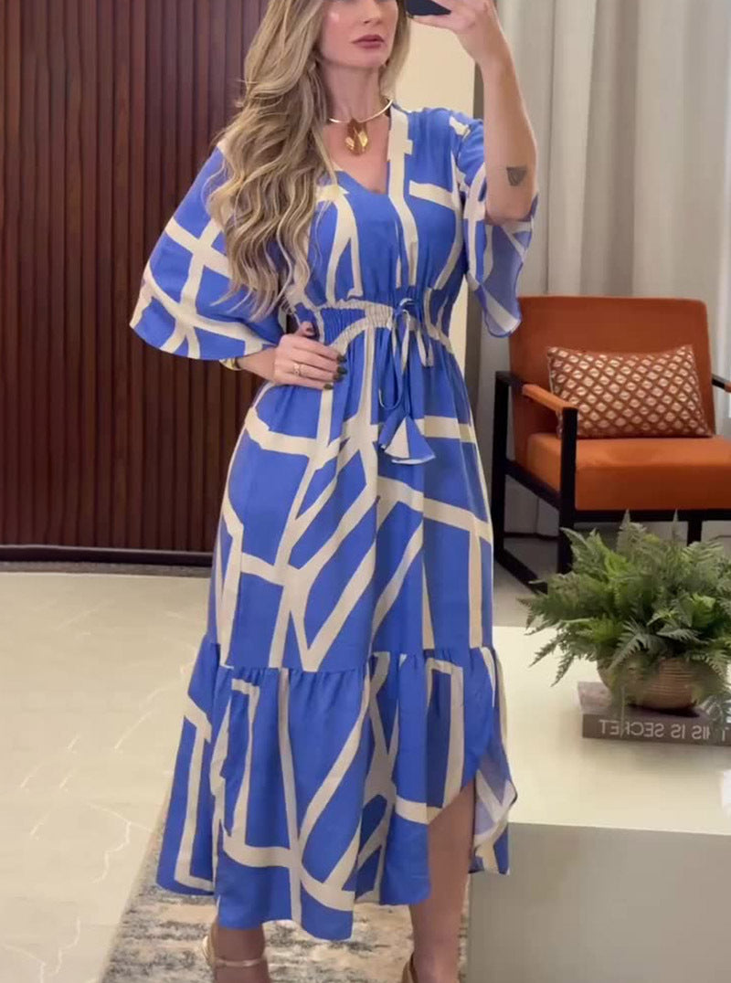 Women Summer U-Neck Printed Long Sleeve Bell Bottom Sleeve Dress