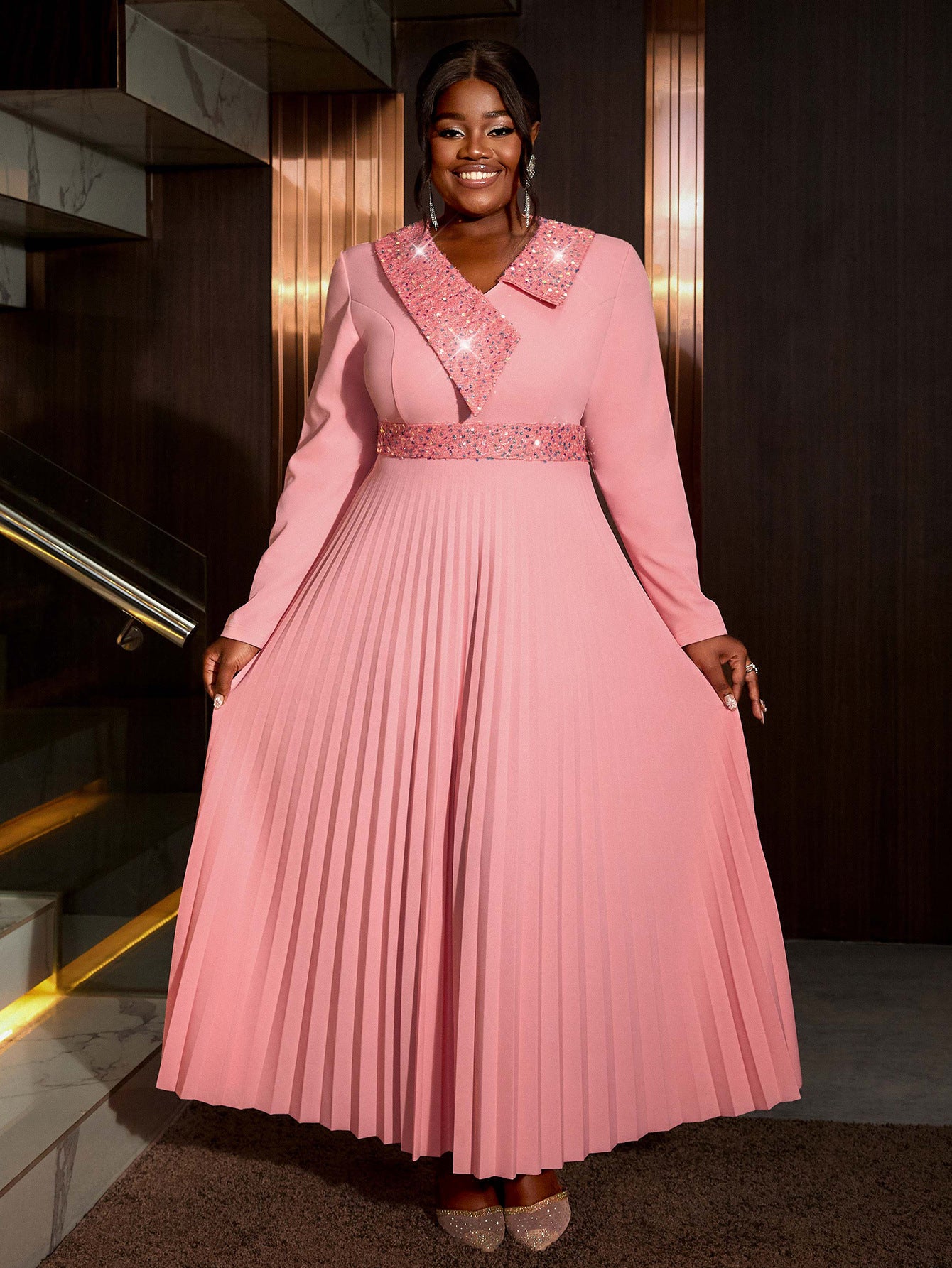 Women pink sequined v-neck pleated party dress