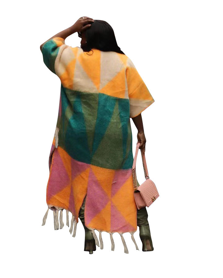 Women's Casual Color Block Tassel Knitting Jacket