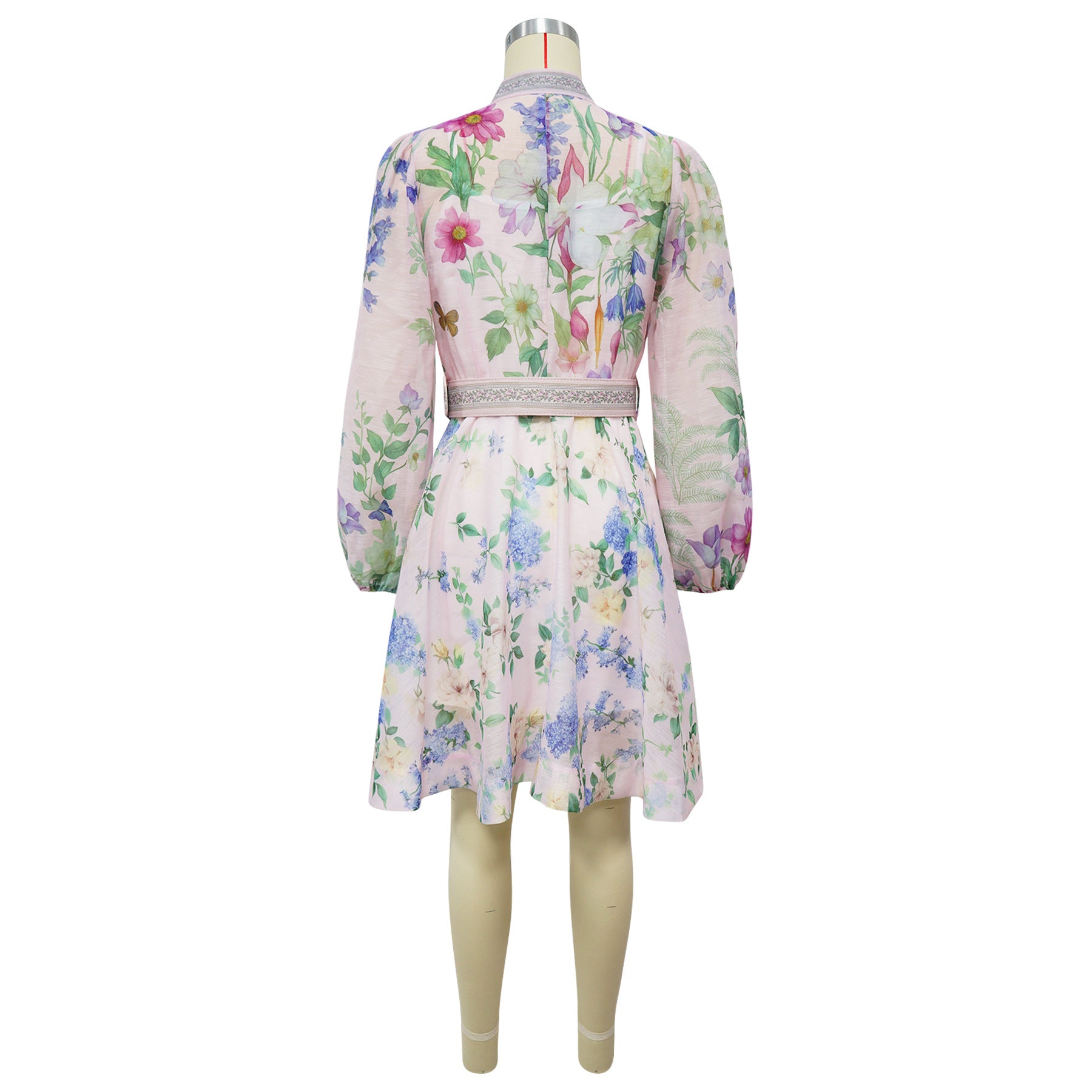 Women Printed Lantern Sleeve Buttoned Dress with Belt 8