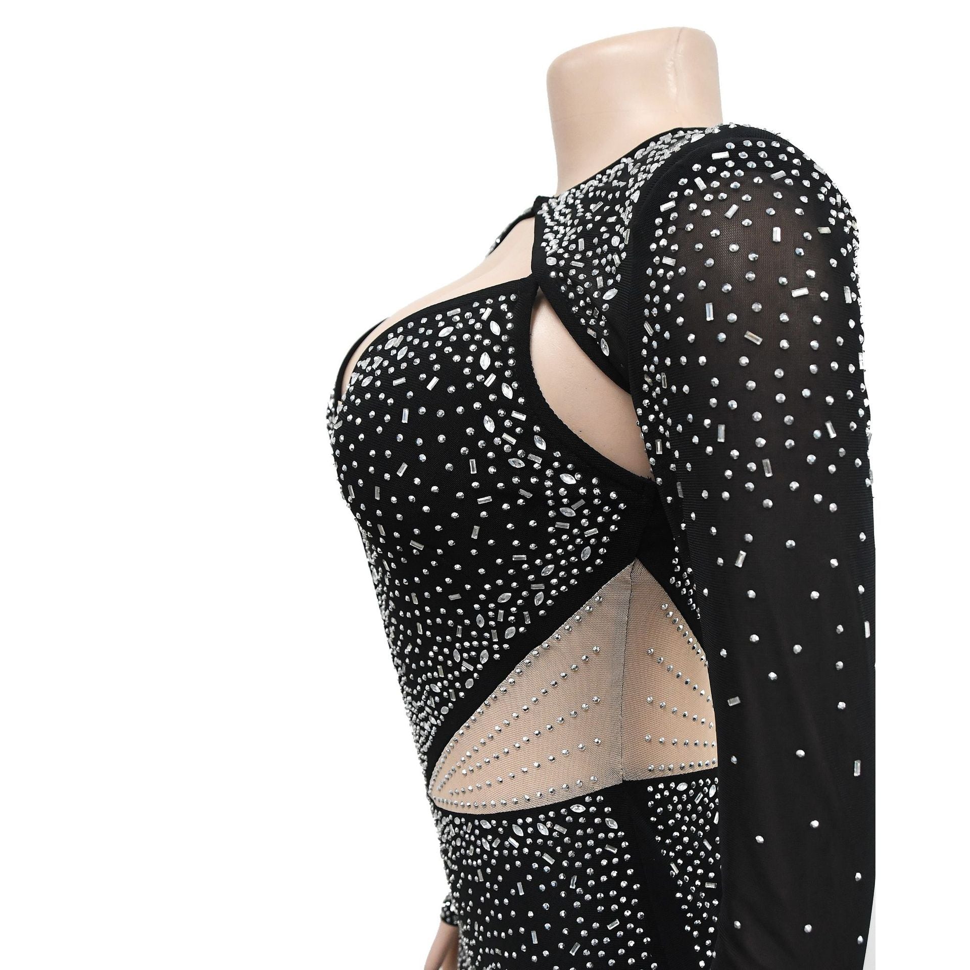 Women's Fashion Solid Color Mesh Beaded Long Sleeve Dress 16