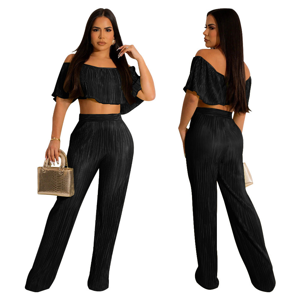 Women's Pleated Ruffle Off Shoulder crop top Wide Leg Pants two piece Set 3