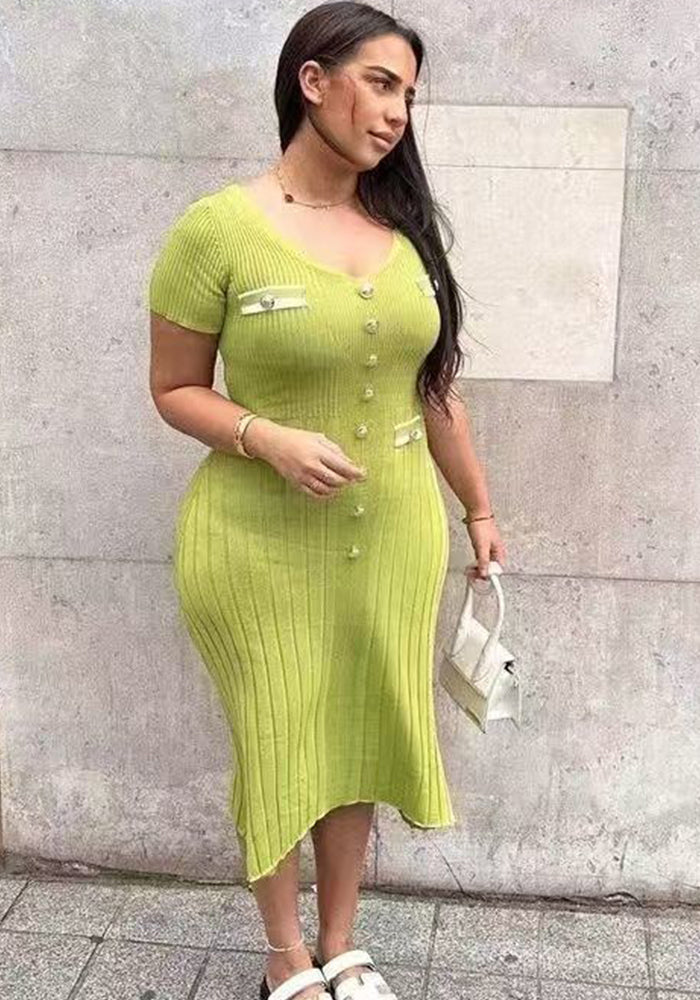 Women summer v-neck contrast short-sleeved elegant knitting dress