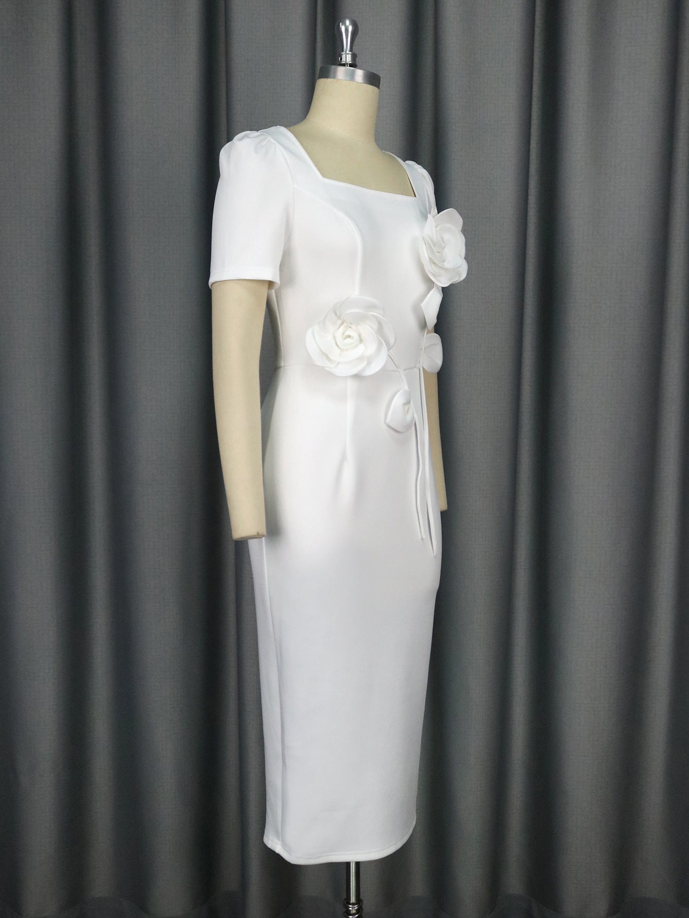 Elegant Square-Neck Ruffle High-Waist Bodycon Flower Formal Party Dress 6