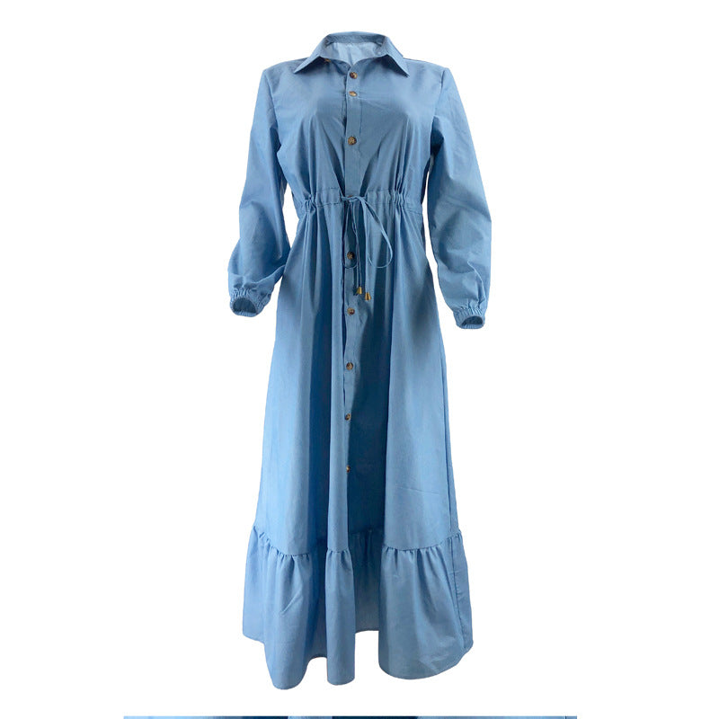 Muslim Ladies Solid Color Elegant Denim Dress 15