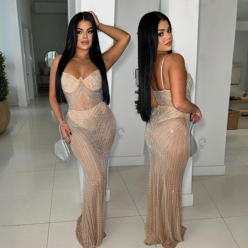 Sexy Fashion Sleeveless Beaded Straps Low-Back Slim Fishtail Dress 4