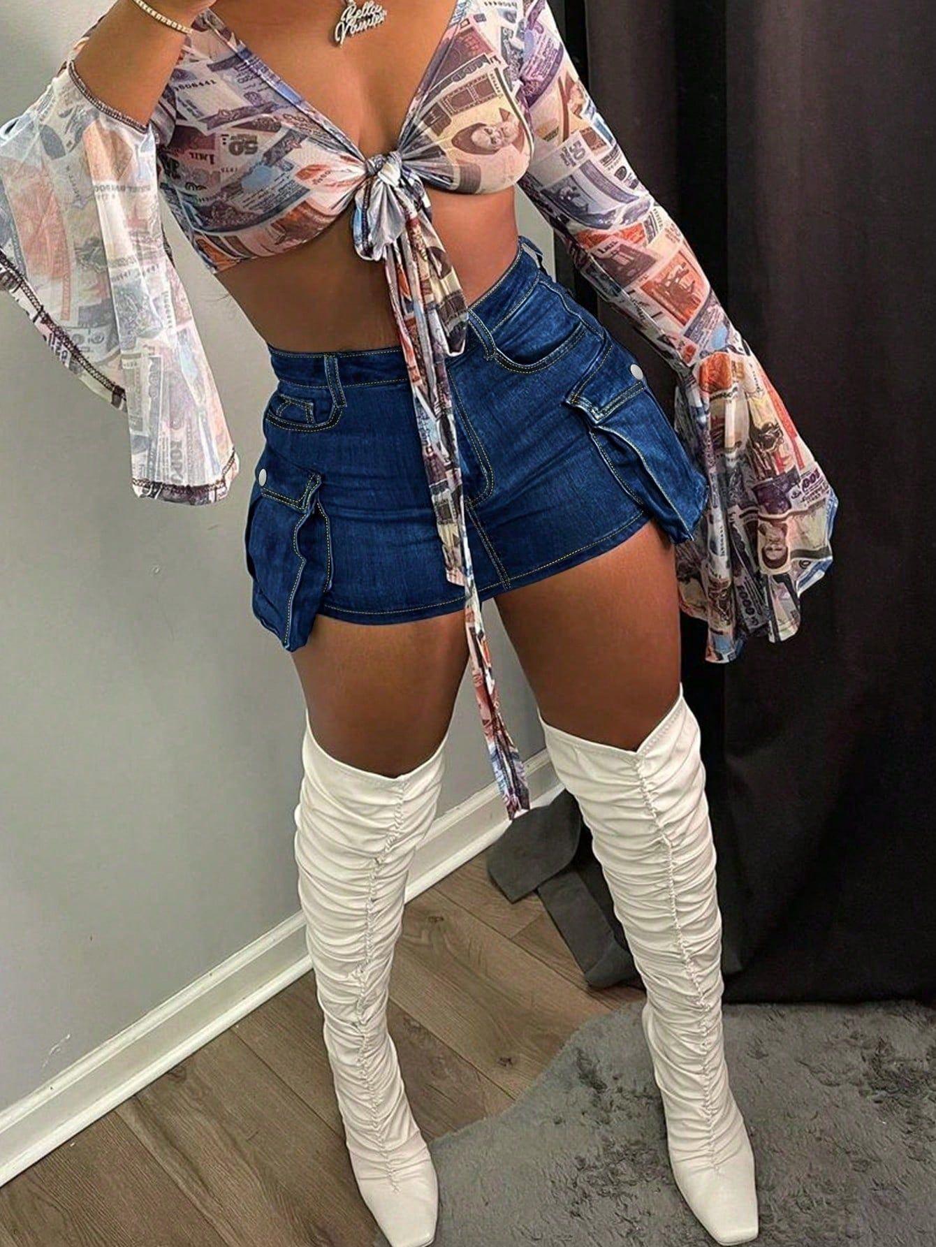 Women's Fashion Tight Fitting Cargo Pocket Sexy Slim Short Skirt 4