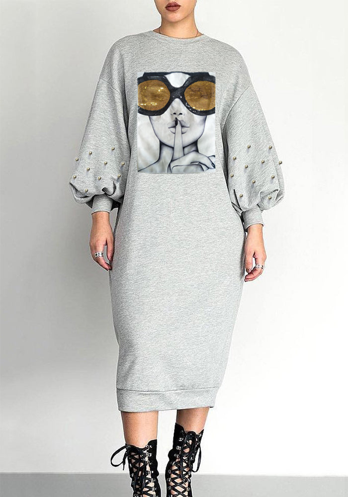 Women autumn and winter bubble sleeve beaded long-sleeved dress