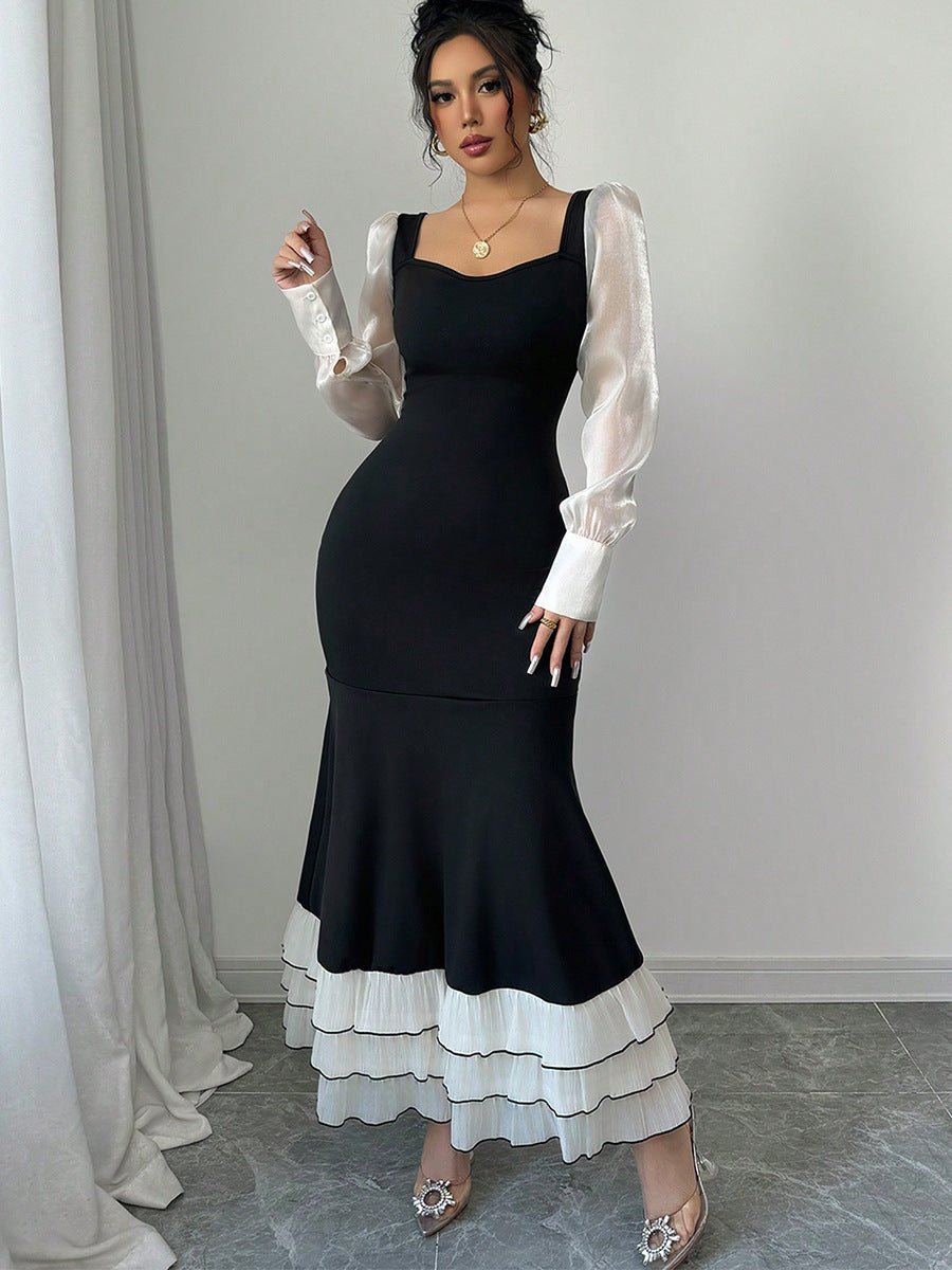 Women autumn long-sleeved contrast color fishtail dress