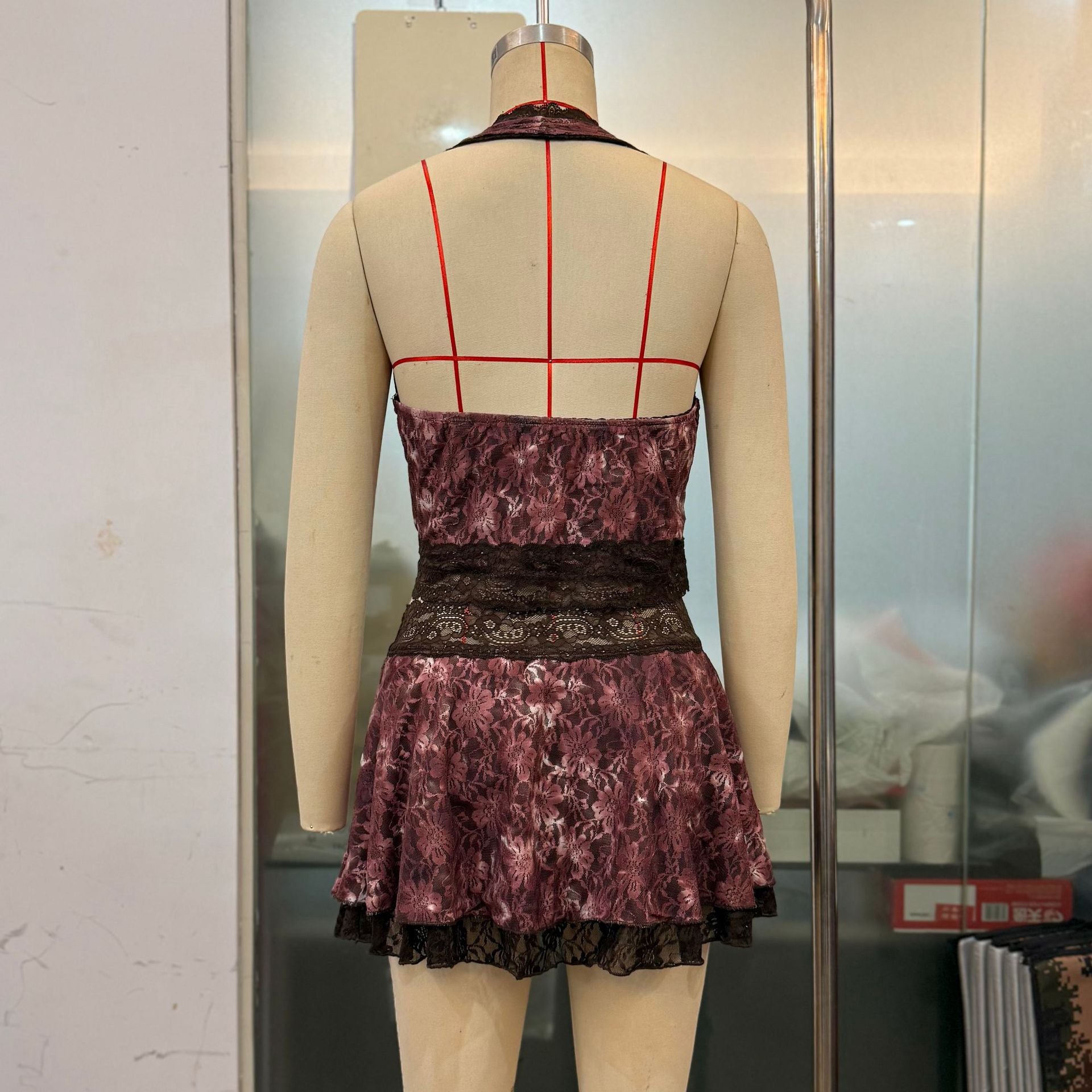 Sexy Halter Neck Deep V-neck Short Lace Top Slit Short Skirt Two-piece Set 8