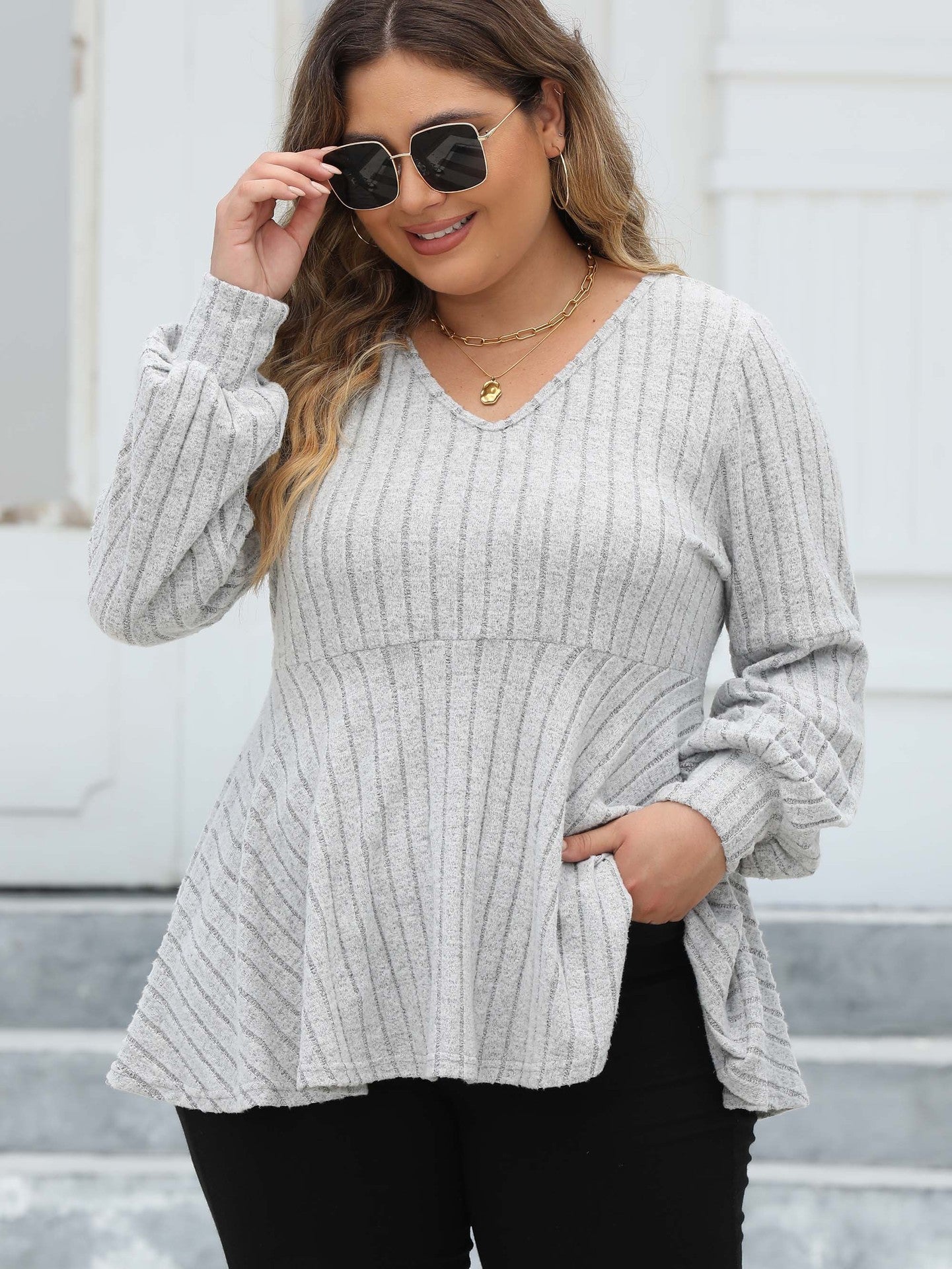 Women's Plus Size Tops Spring And Autumn V-Neck Ribbed Lantern Sleeve T-Shirt Basic Shirt 9