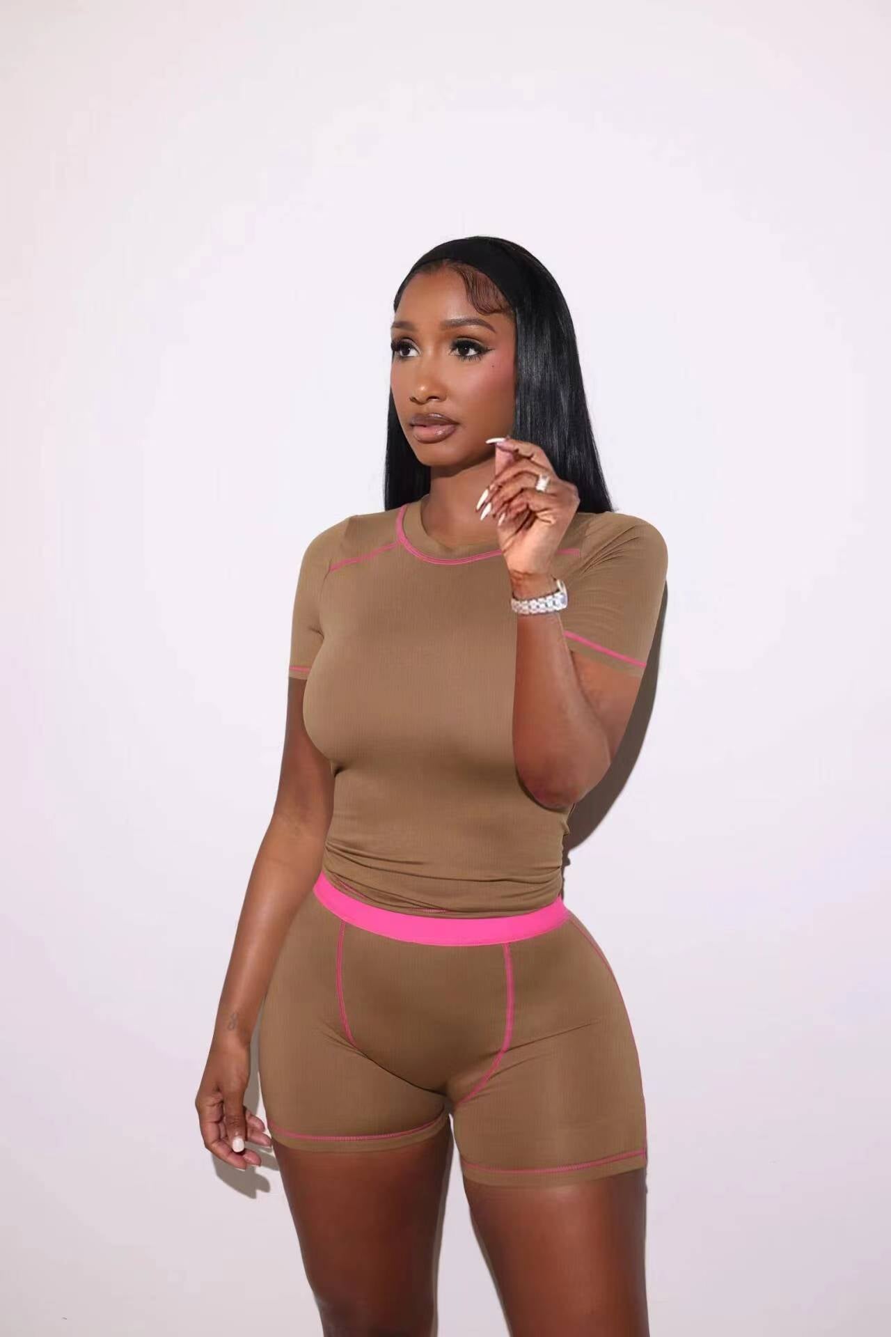 Women Casual Ribbed Contrast Color Short Sleeve Top and Shorts Two-piece Set