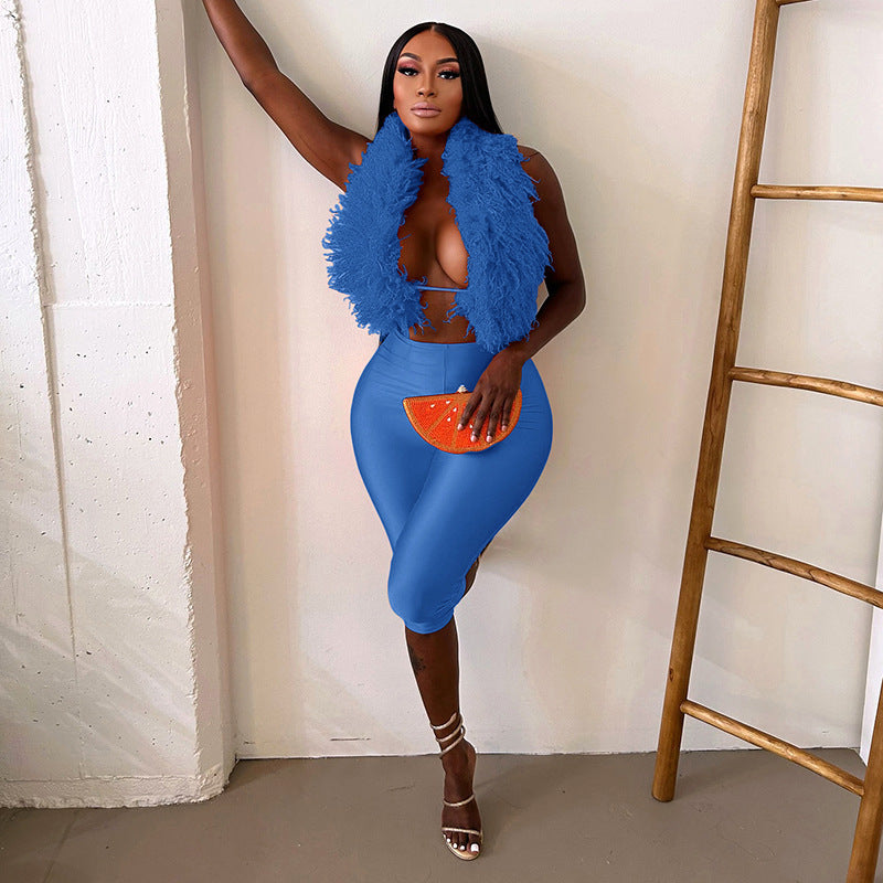 Women's Spring/Summer Fuzzy Halter Neck Lace-Up Deep Low Back Top Tight-Fitting Pants Two-Piece Set 4