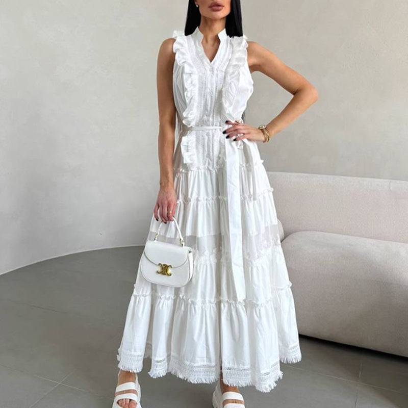 Women's Sleeveless Ruffle Chic Slim Waist Fashion Long Dress 3