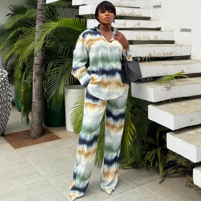 Plus Size Women Casual Printed Long Sleeve Shirt Pants Two-piece Set 5