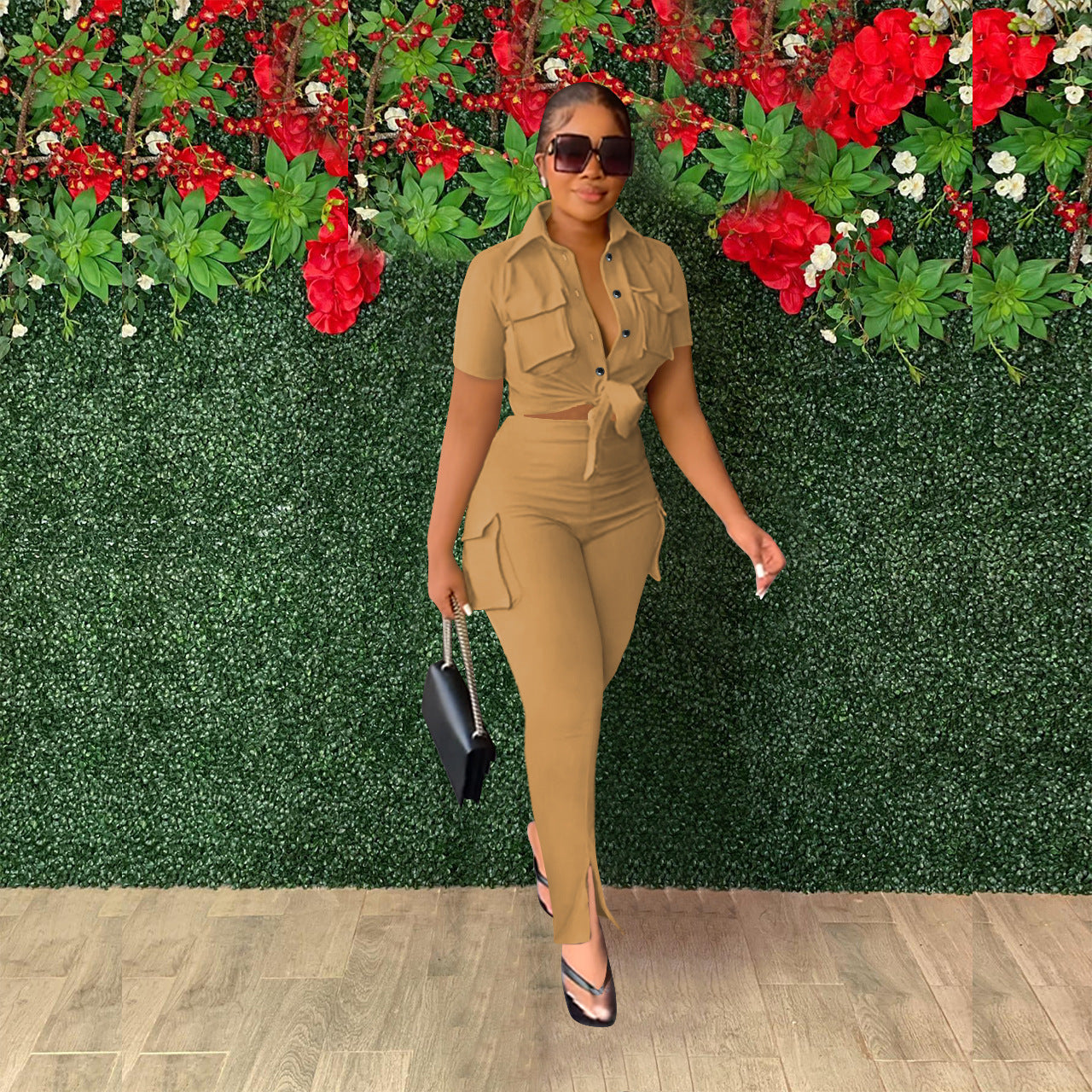 Women's Casual SOLid COLor  Short Sleeve Shirt Slit Trousers Two Piece Set 3