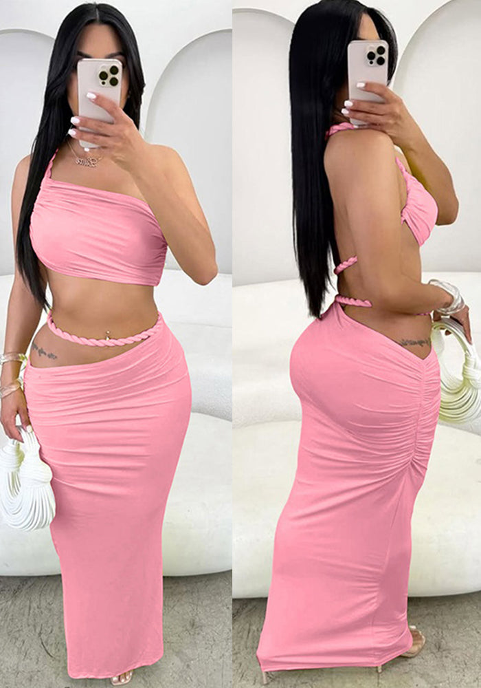 Women Summer Sexy Slash Shoulder Solid Knot Backless Bodycon Dress