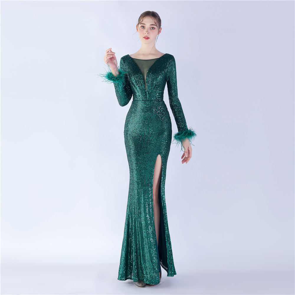 Women Elegant Ostrich Feather Long Sleeve Sequined Formal Party Evening Dress 4