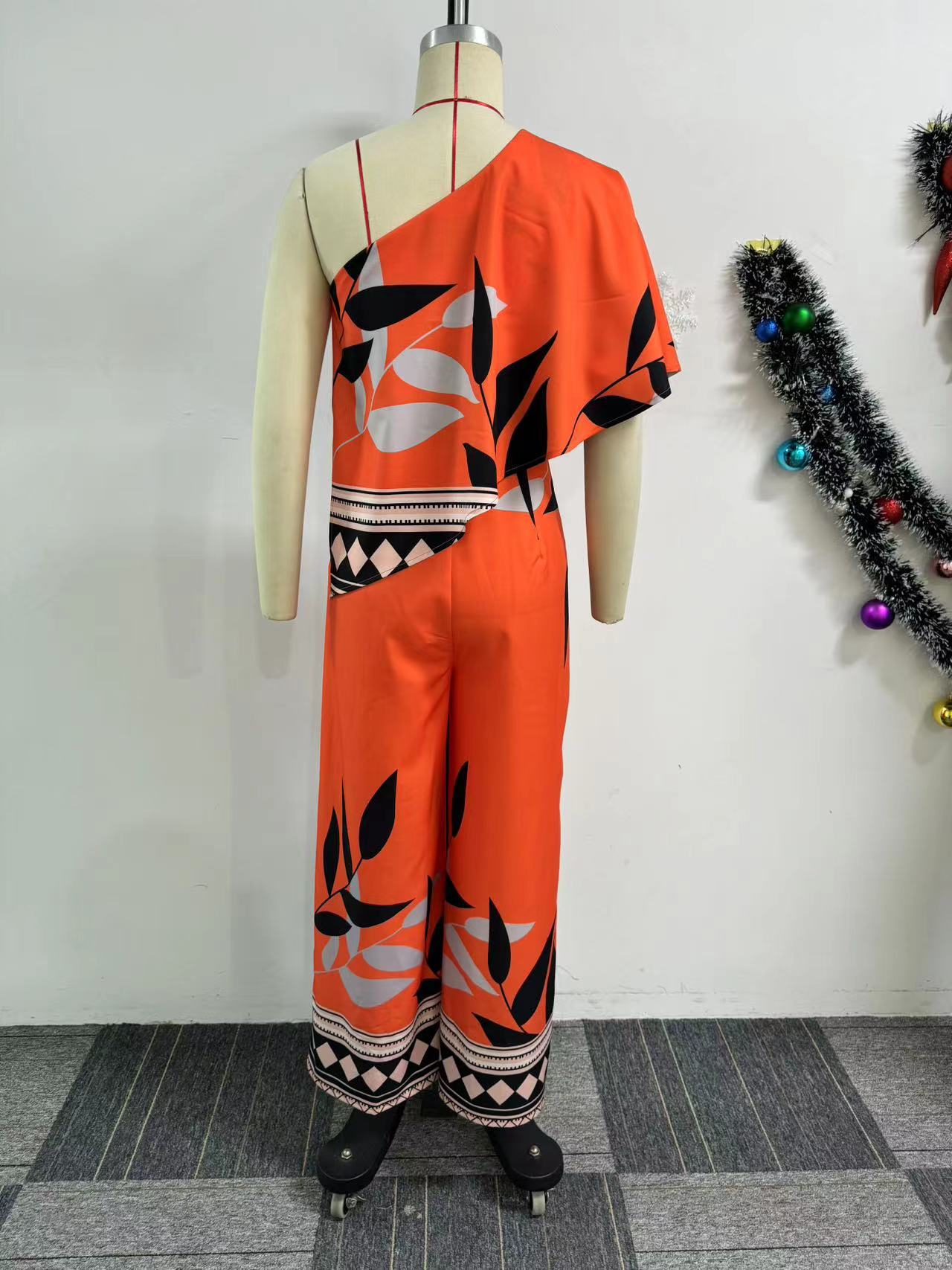 Printed Slash Shoulder Irregular Wide Leg Jumpsuit 7