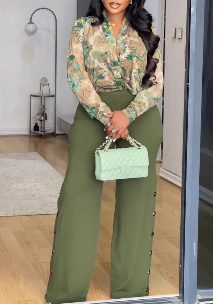 Women Printed V-neck Shirt And Wide-leg Pants Two-piece Set