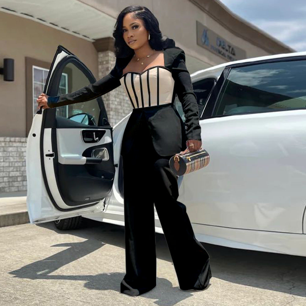 Women's Sexy Slim Waist Contrast Patchwork Long Sleeve Wide Leg Jumpsuit 3