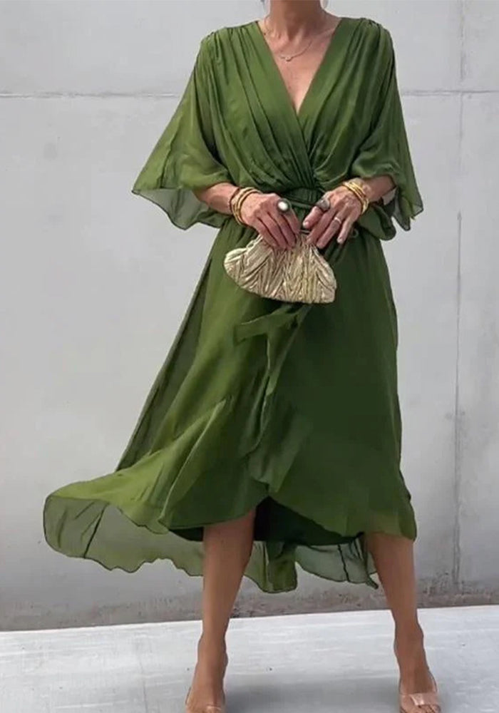 Plus Size Women's Solid Color Lace-Up Bat Sleeves Irregular Dress