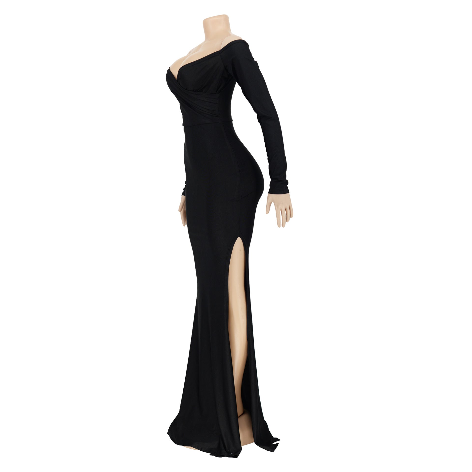Women Sexy V-Neck Dress Solid Slit Long Sleeve Maxi Dress 32