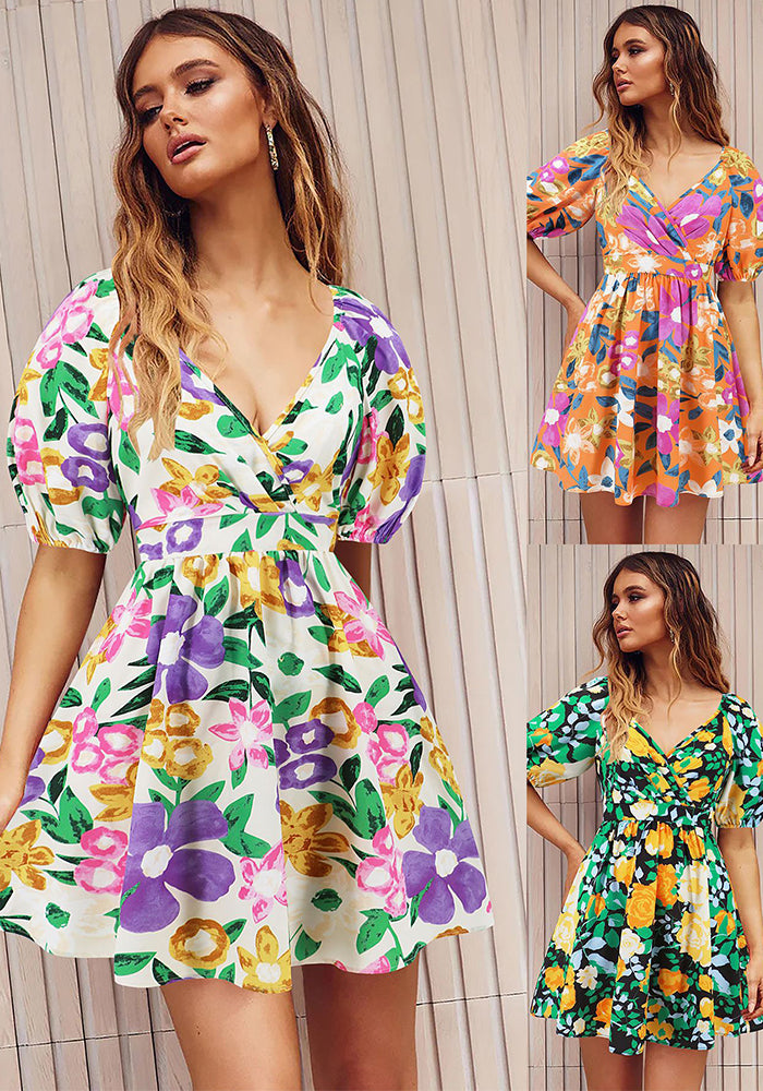 Women's Summer Printed V-Neck Lantern Sleeve Short Dress