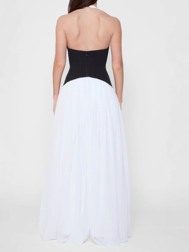 Contrast color sexy Holidays Casual Halter Neck deep v Low Back long dress 4