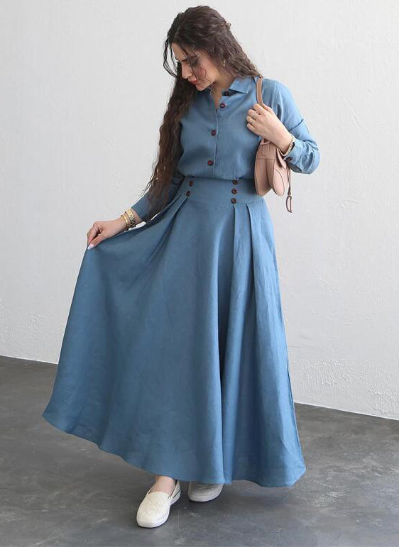 Women Solid Long-sleeved Shirt And Skirt Two Piece Set