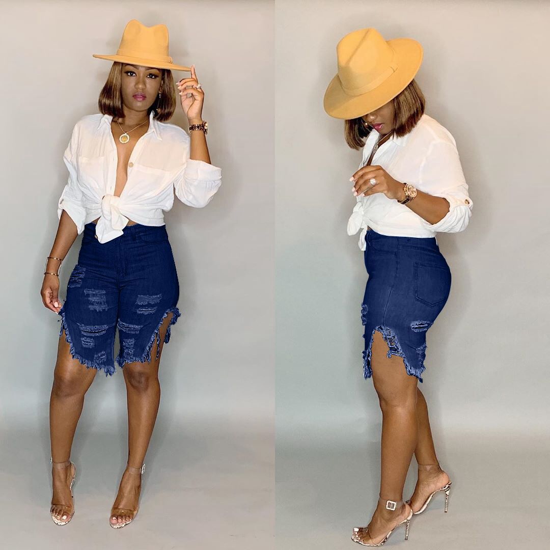 Distressed Denim Knee-Length Shorts 3