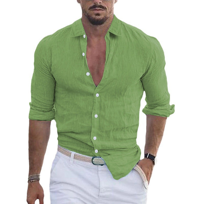 Men 's Summer Turndown Collar Long Sleeve Solid Color Beach Linen Shirt 18