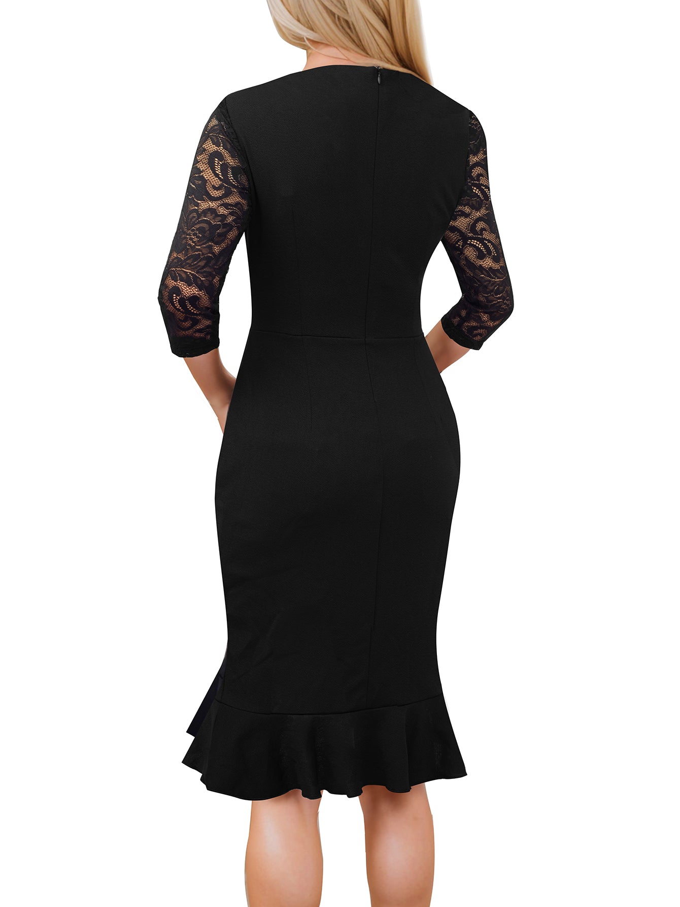 Elegant Slim Lace Patchwork Sleeve Black Ruffle Career Dress 3