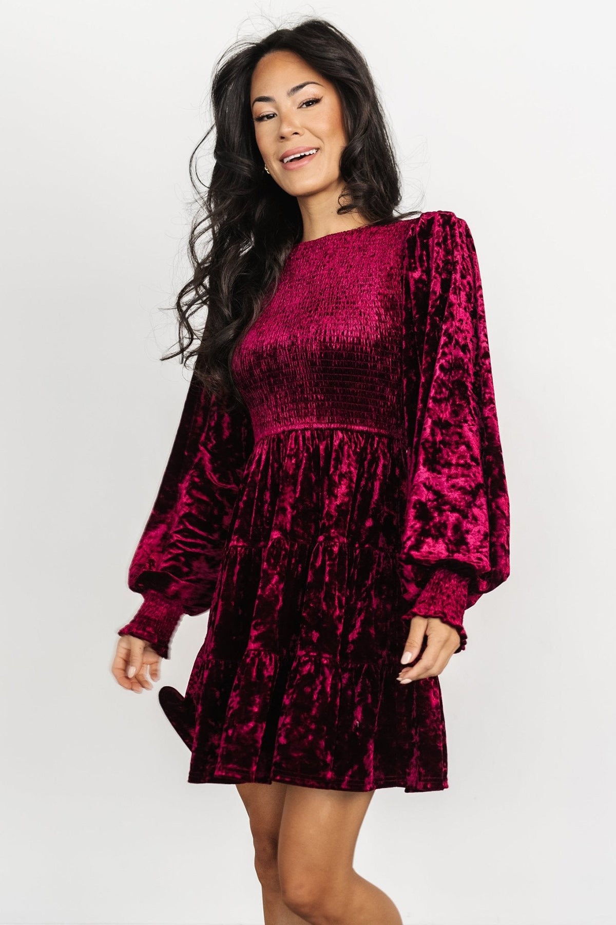 Women's long sleeve ruffle Round Neck short velvet dress 8