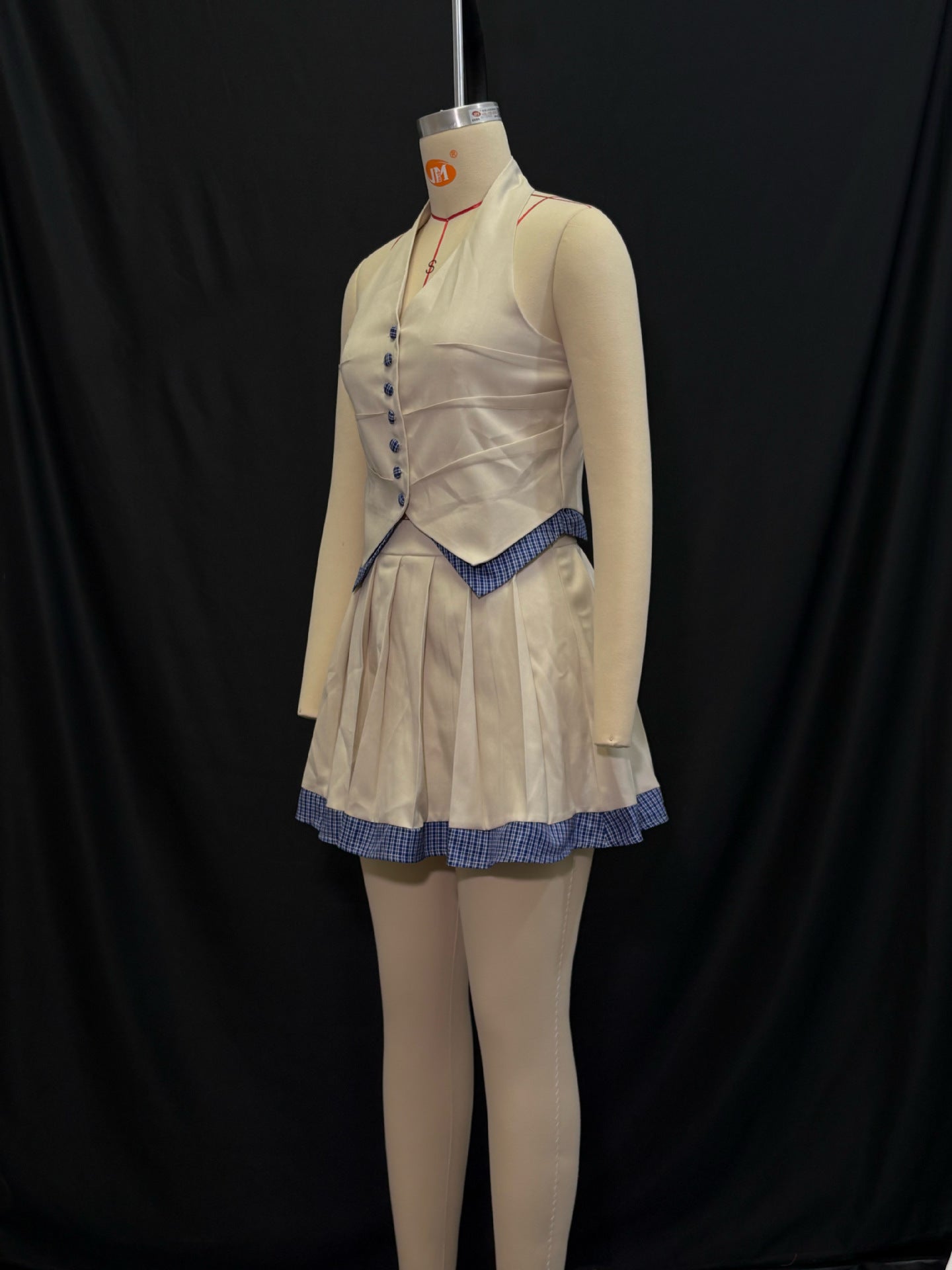 Women Summer Off-White and Blue Plaid Patchwork Halter Neck V-Neck Button Top and Skirt Two-Piece Set 7