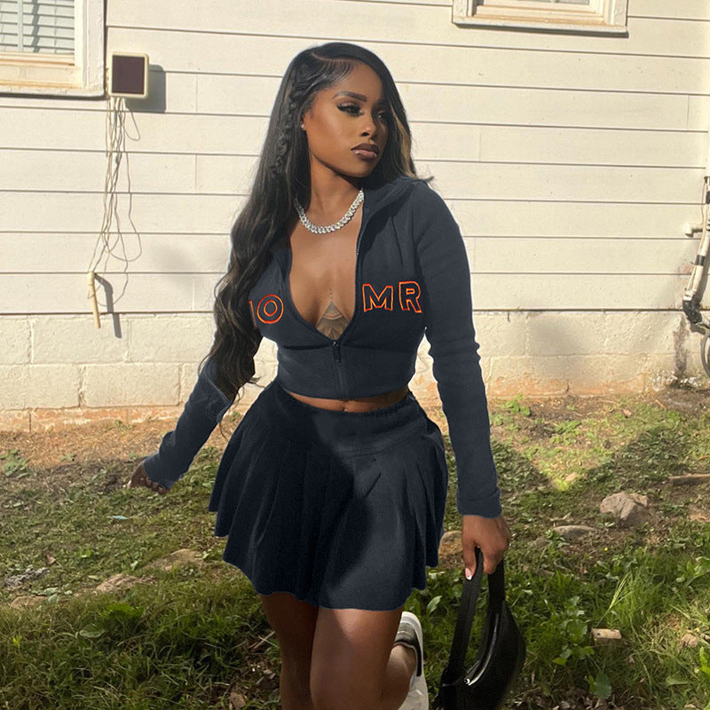 Embroidered Letter Half Turtleneck Crop Zipper Top + High Waist Pleated Skirt Casual Sports Two Piece Set For Women