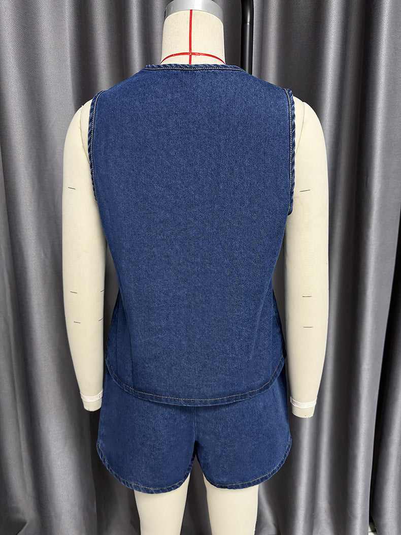 Women summer sleeveless lace top and denim shorts two-piece suit 18