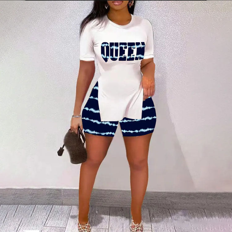 Women Letter Print Slit Short Sleeve Top + Shorts Two-Piece Set 28