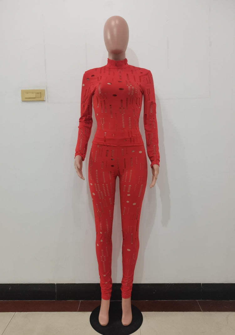 Spring Red Sexy Hollow Out Tight Top and Pants Two Piece Set 6