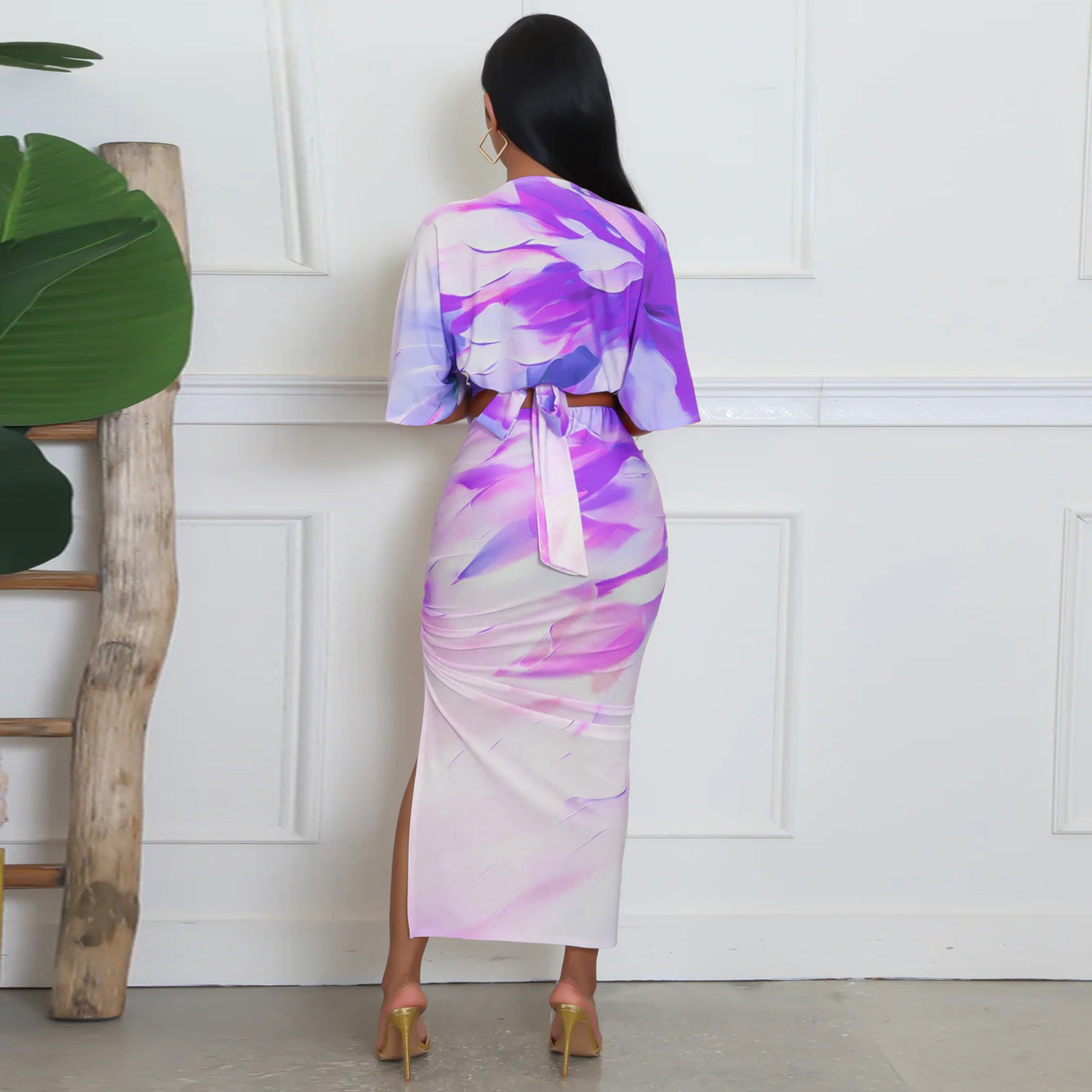 Summer Sexy Printed V Neck Top Side Slit Long Skirt Two Piece Set 74