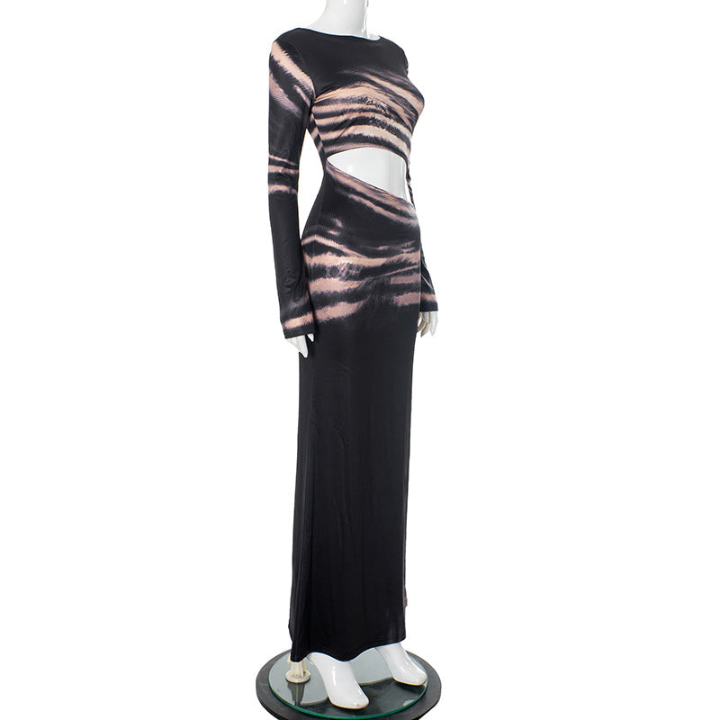 Women's Autumn Print Hollow Waist Sexy Slim Long Dress 5