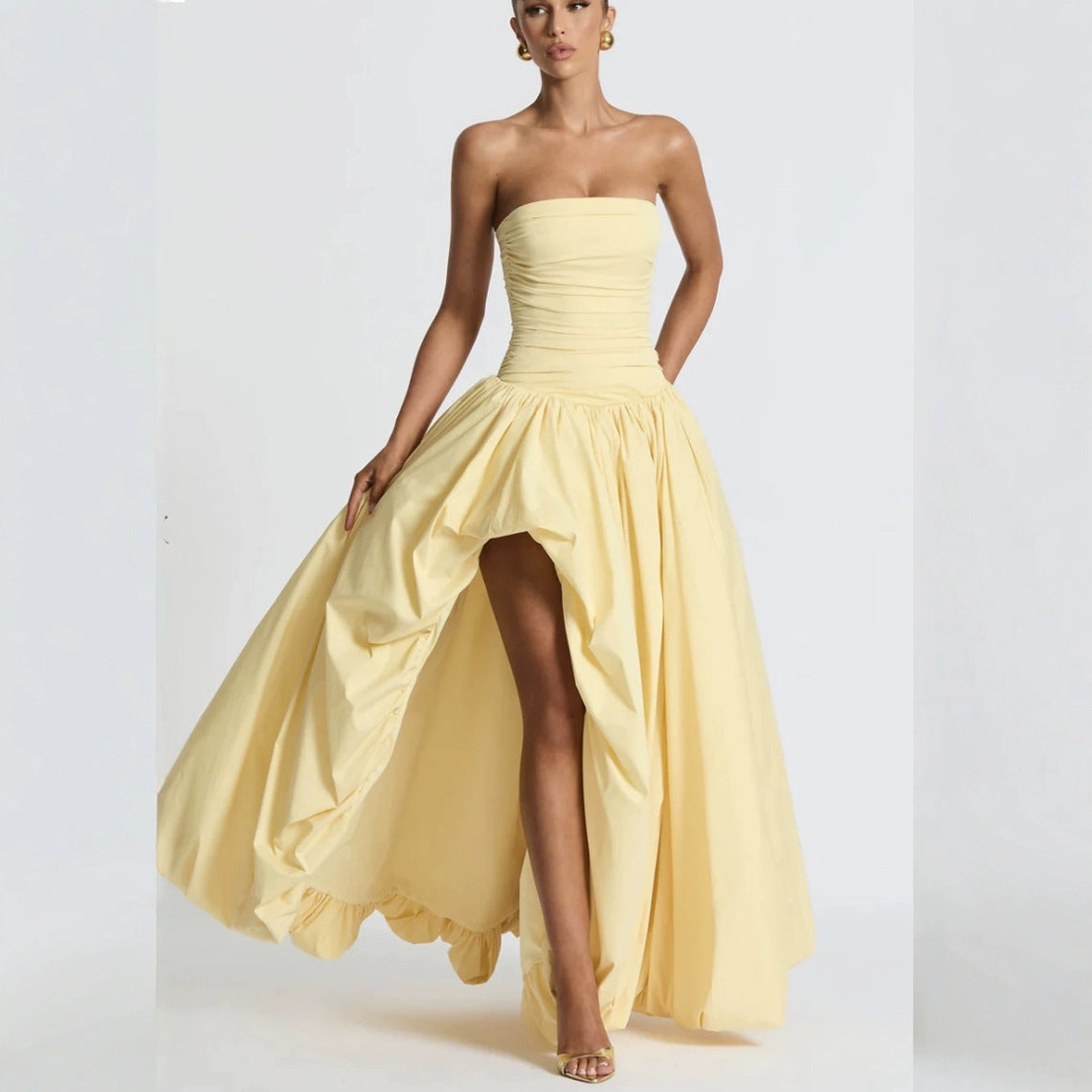 Strapless Solid Color Fashion Slit Maxi Dress for Women 7